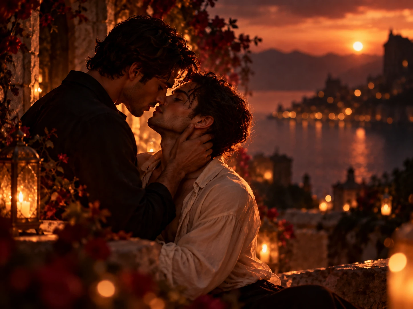 Two men sharing a tender sunset embrace beside a lake, surrounded by flowers and lantern light
