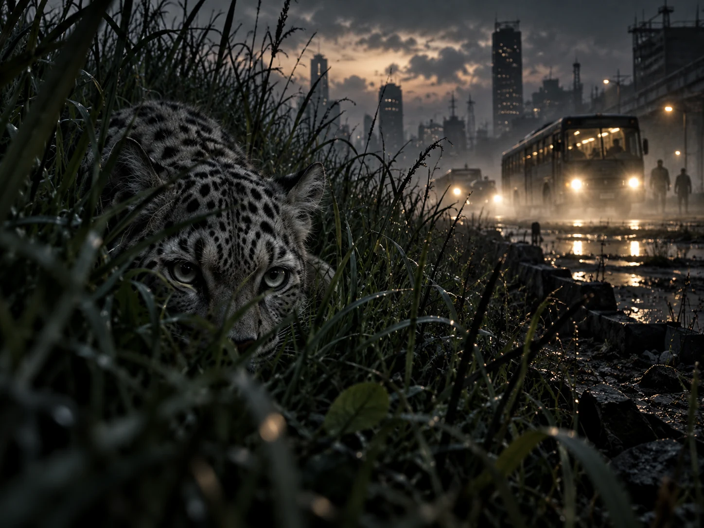 A spotted wild cat hiding low in tall grass beside a misty city road
