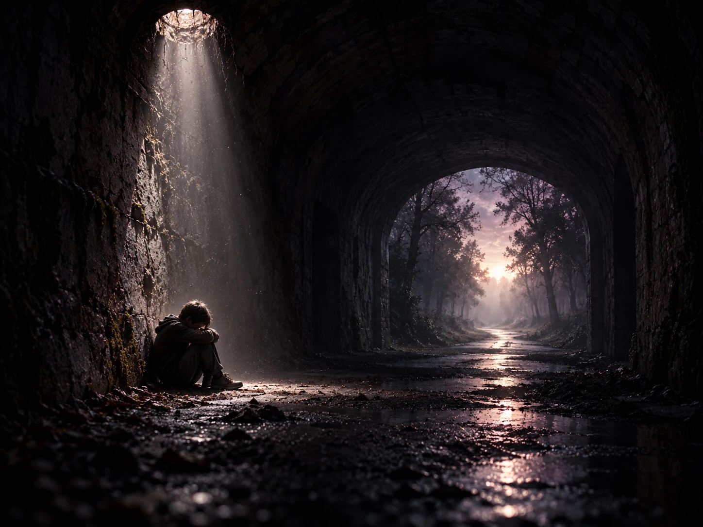 A solitary child curled beside the wall of a shadowed stone passage, with soft light falling from above and a sunlit path beyond