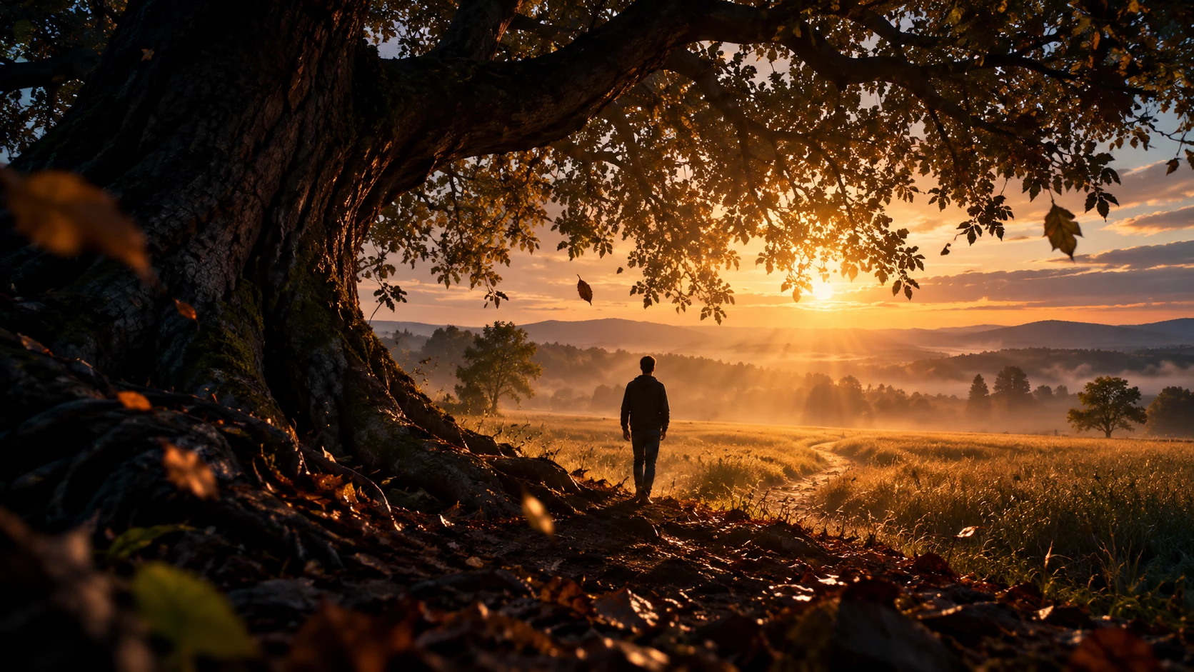 From beneath a spreading tree, a solitary person walks out of shadow toward the sunlit meadow and a winding trail