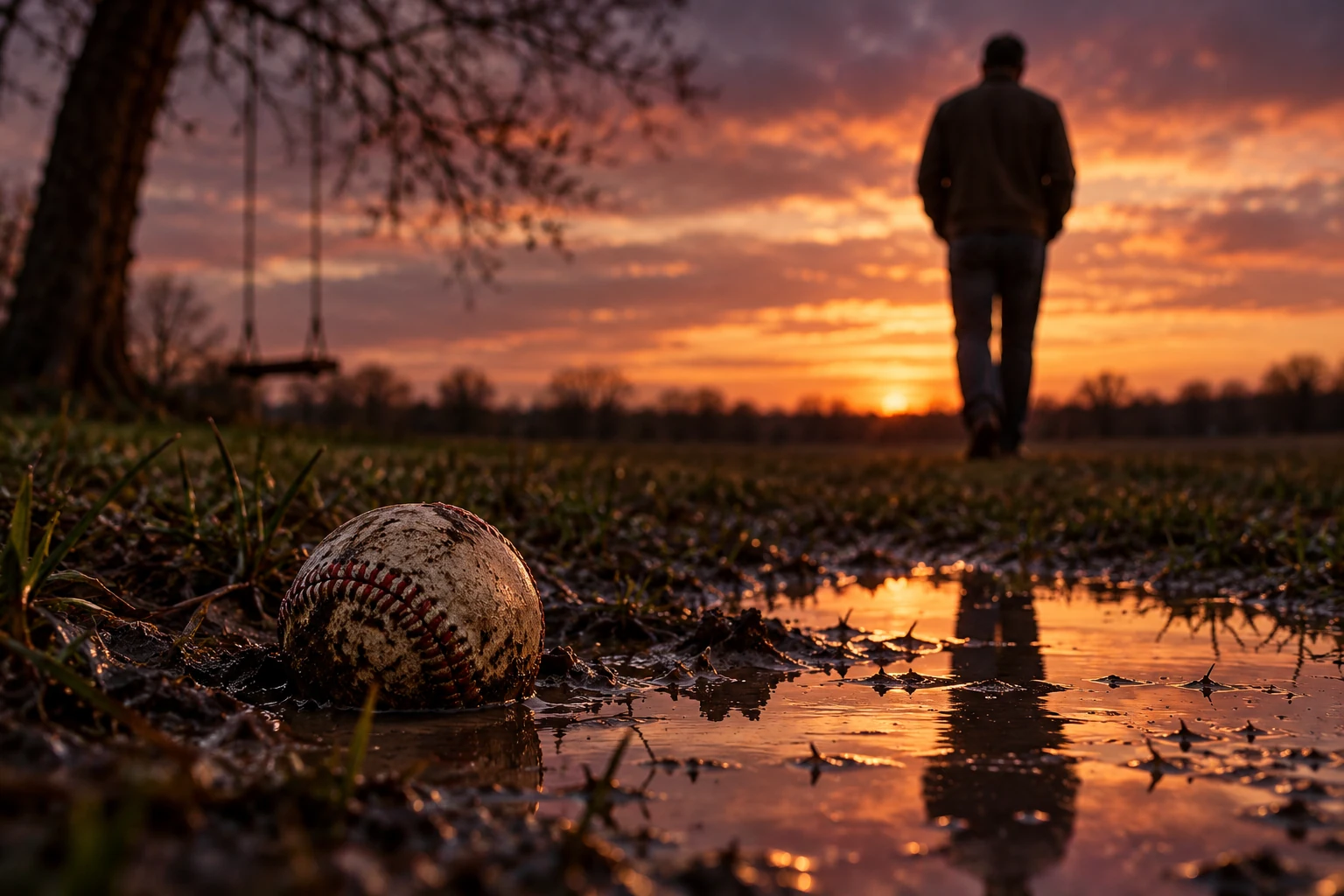 A muddy ball in a puddle at sunset while the shadowy figure of an adult walks away across the grass
