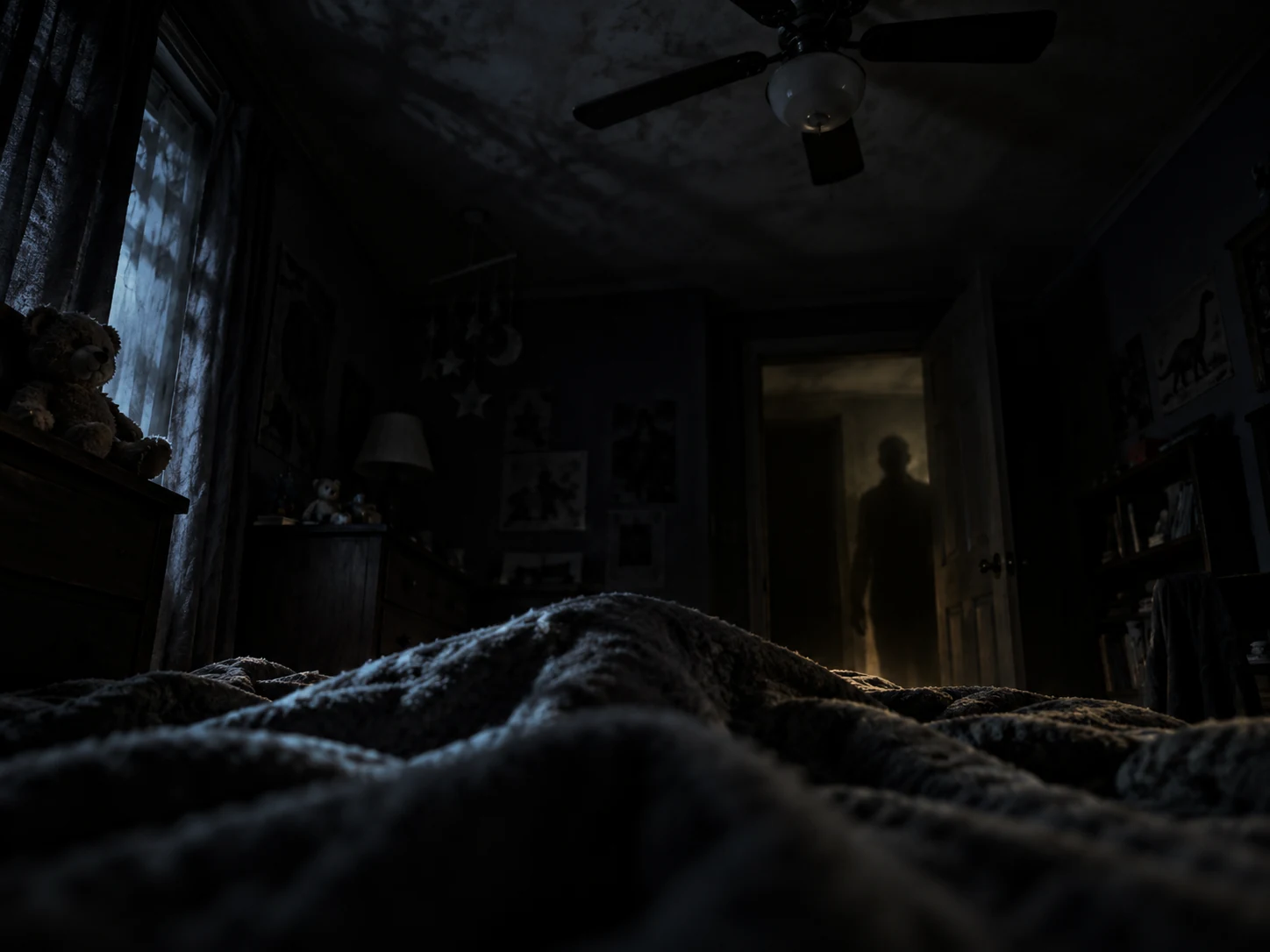 Dark child's bedroom seen from bed level, with a looming shadow in the doorway
