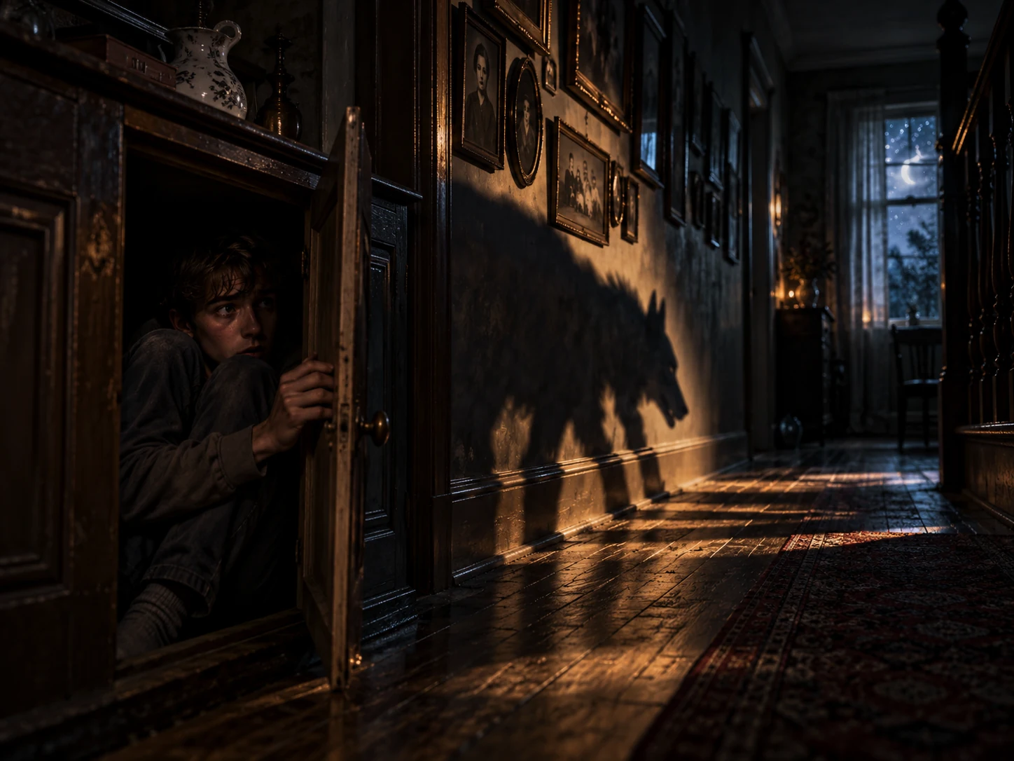 A frightened youth hiding inside a cabinet in a dark hallway while a wolf-like shadow stretches across the wall