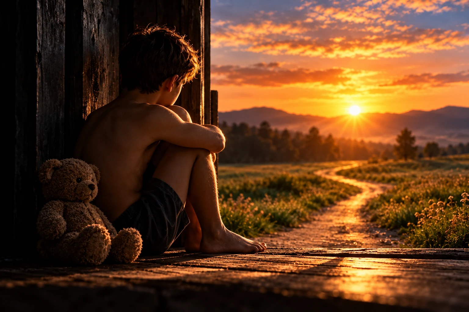 A lone child by a shadowed doorway, a teddy bear nearby, gazing toward a sunlit path
