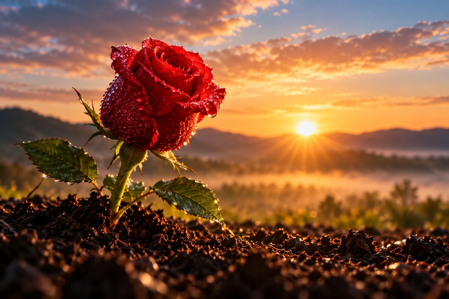 A crimson rose blooming from rain-soaked earth against the light of a new sunrise