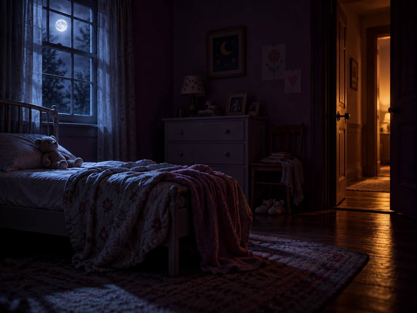 Empty childhood bedroom at night, with a teddy bear on the bed, cool moonlight through the window, and warm light through the open door